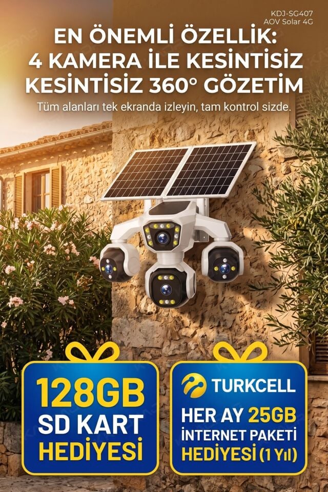 4 Kameralı - Solar Panelli  16000 Mah.  Turkcell Yıllık Hat   20MP Güvenlik Kamerası  YapayZeka Tc25