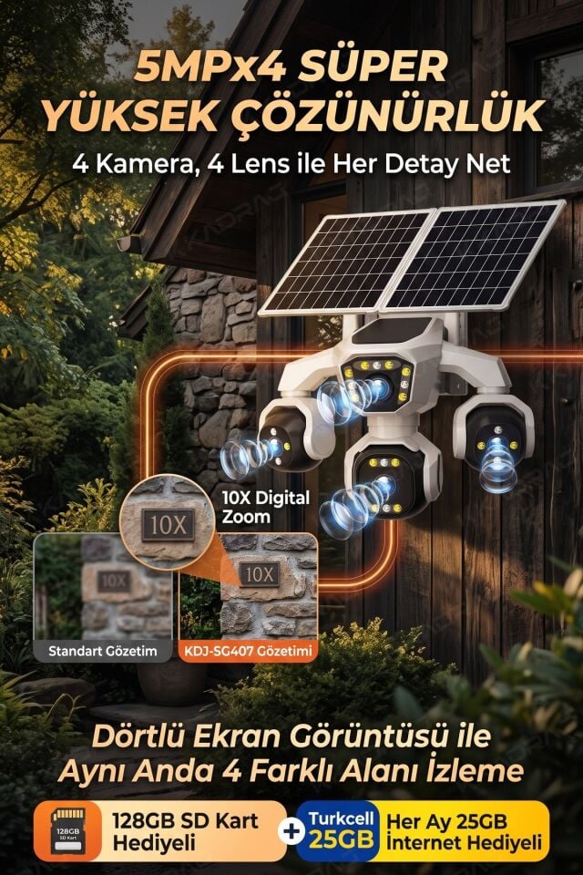 4 Kameralı - Solar Panelli  16000 Mah.  Turkcell Yıllık Hat   20MP Güvenlik Kamerası  YapayZeka Tc25
