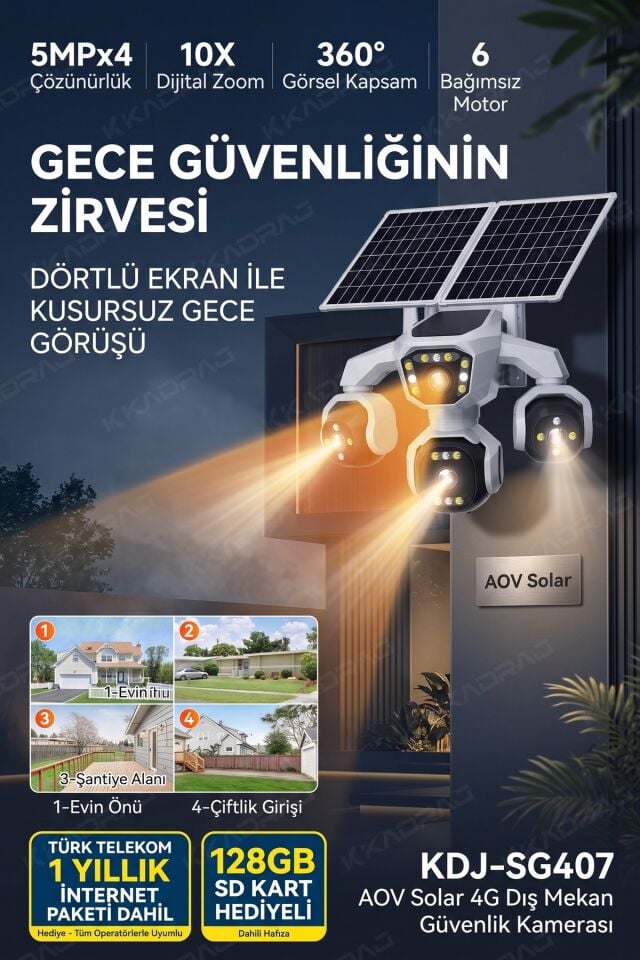 4 Kameralı - Solar Panelli  16000 Mah.  TURK TELEKOM  Yıllık Hat   20MP Güvenlik Kamerası  TT20