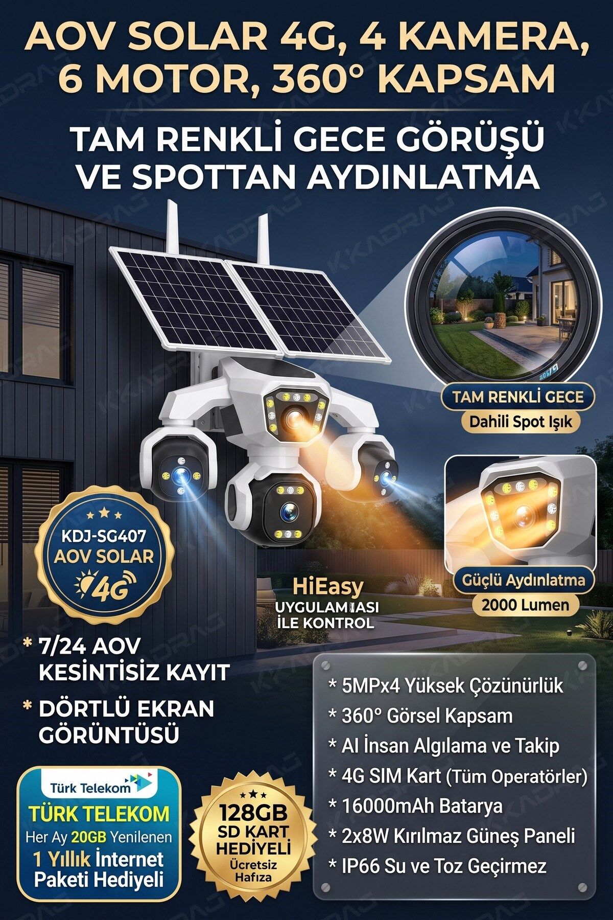 4 Kameralı - Solar Panelli  16000 Mah.  TURK TELEKOM  Yıllık Hat   20MP Güvenlik Kamerası  TT20