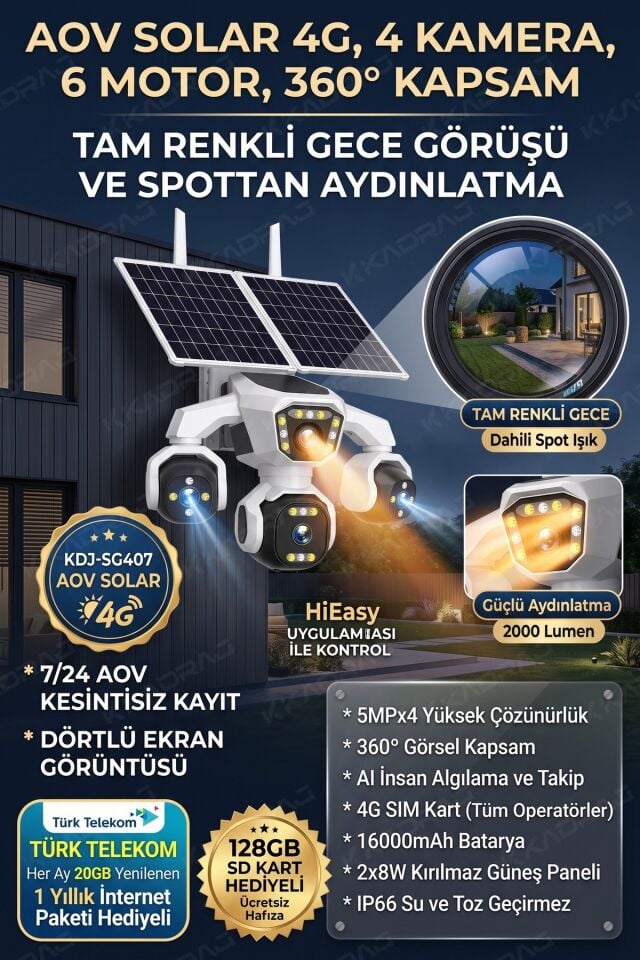 4 Kameralı - Solar Panelli  16000 Mah.  TURK TELEKOM  Yıllık Hat   20MP Güvenlik Kamerası  TT20