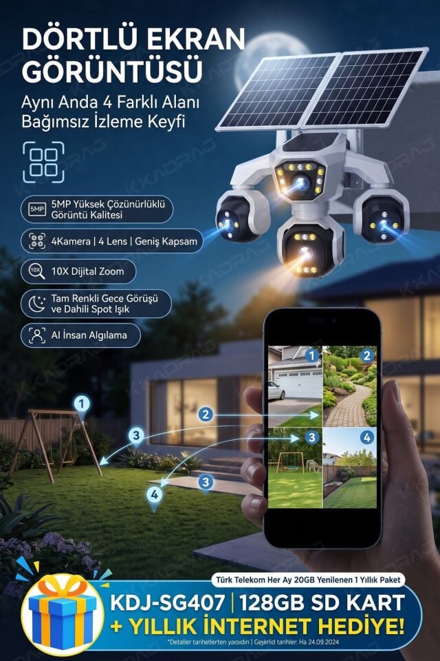 4 Kameralı - Solar Panelli  16000 Mah.  TURK TELEKOM  Yıllık Hat   20MP Güvenlik Kamerası  TT20