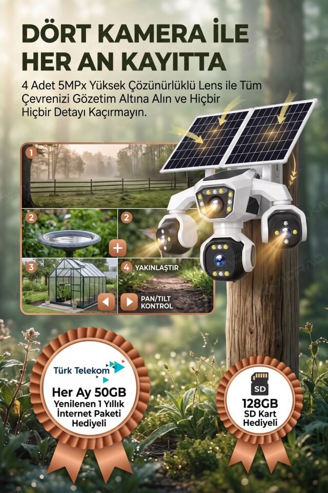4 Kameralı - Solar Panelli  16000 Mah.  TURK TELEKOM  Yıllık Hat   HER AY 50GB  TT20