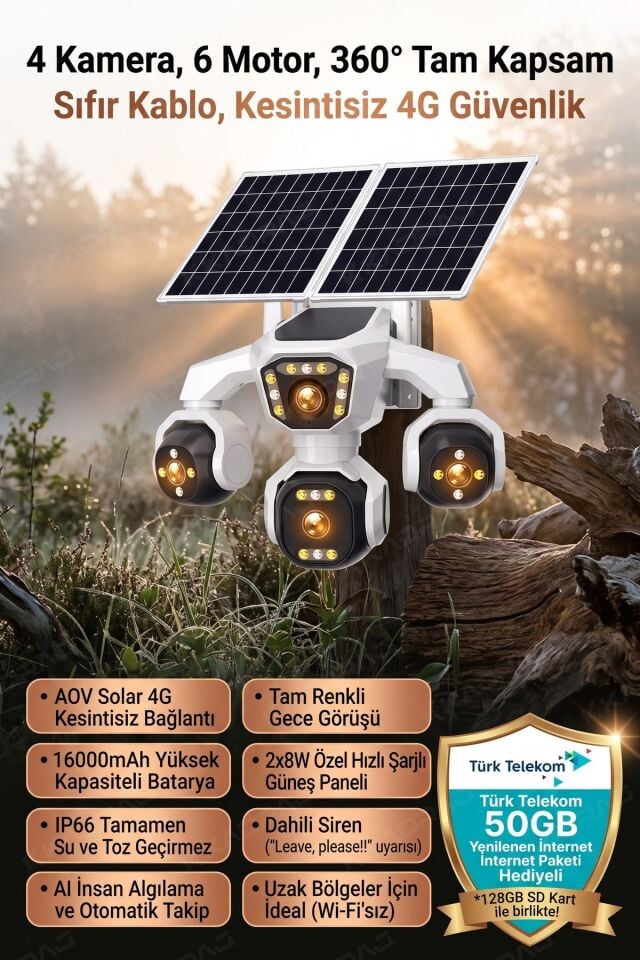 4 Kameralı - Solar Panelli  16000 Mah.  TURK TELEKOM  Yıllık Hat   HER AY 50GB  TT20