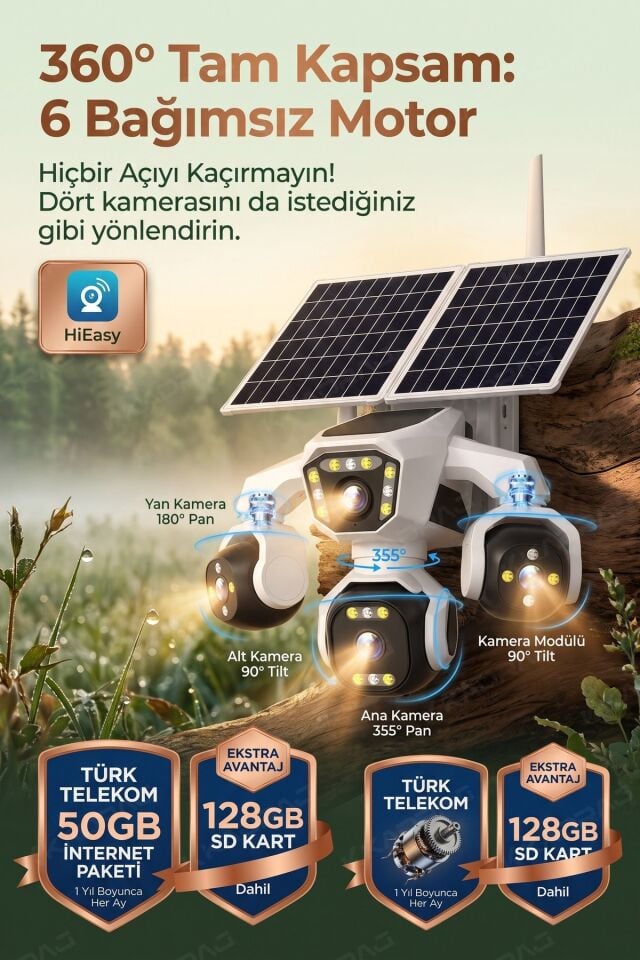 4 Kameralı - Solar Panelli  16000 Mah.  TURK TELEKOM  Yıllık Hat   HER AY 50GB  TT20