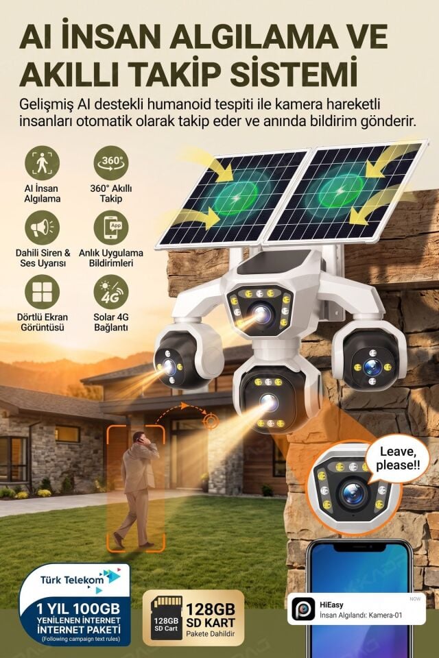 4 Kameralı - Solar Panelli   TURK TELEKOM  Yıllık Hat   HER AY 100GB   Yapay Zeka TT100