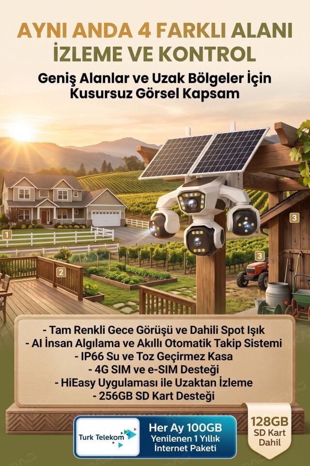4 Kameralı - Solar Panelli   TURK TELEKOM  Yıllık Hat   HER AY 100GB   Yapay Zeka TT100