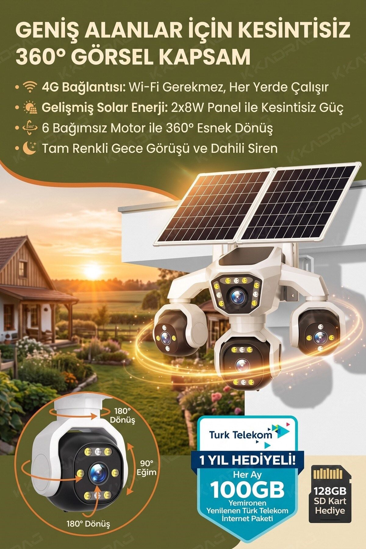4 Kameralı - Solar Panelli   TURK TELEKOM  Yıllık Hat   HER AY 100GB   Yapay Zeka TT100