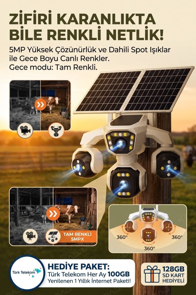 4 Kameralı - Solar Panelli   TURK TELEKOM  Yıllık Hat   HER AY 100GB   Yapay Zeka TT100