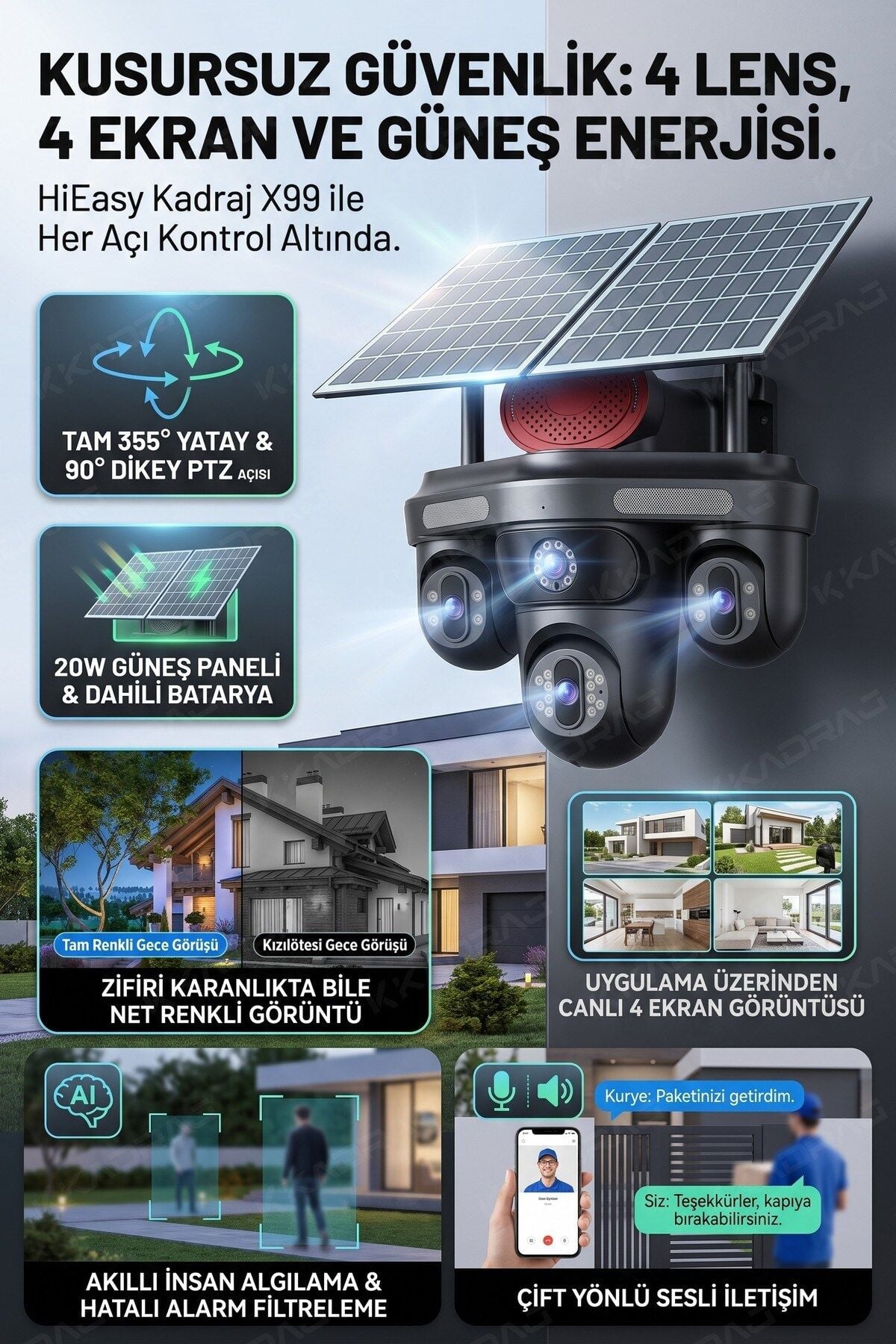 X99 4 Lens + 3 Hareketli Otomatik PZT Kamera, 4G - E-Sim Destekli, 20MP, 20.000 Mah Batarya , AI