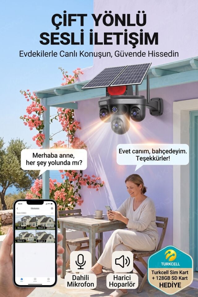 4 Kameralı 3 Otomatik PTZ Hareketli Kamera, 4G - e-Sim , 2 Solar Panel, Yüksek Sesli Alarm, x99 tc15