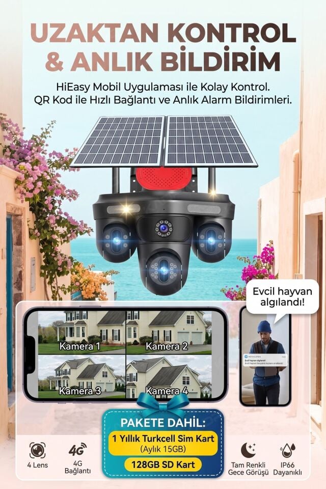 4 Kameralı 3 Otomatik PTZ Hareketli Kamera, 4G - e-Sim , 2 Solar Panel, Yüksek Sesli Alarm, x99 tc15