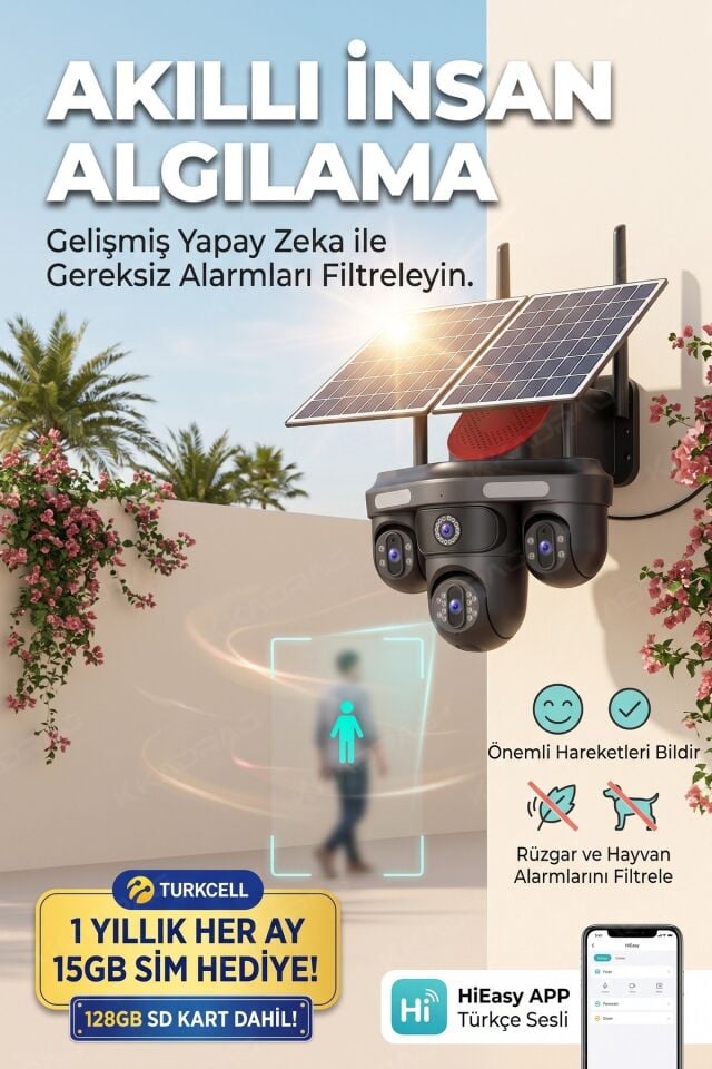 4 Kameralı 3 Otomatik PTZ Hareketli Kamera, 4G - e-Sim , 2 Solar Panel, Yüksek Sesli Alarm, x99 tc15