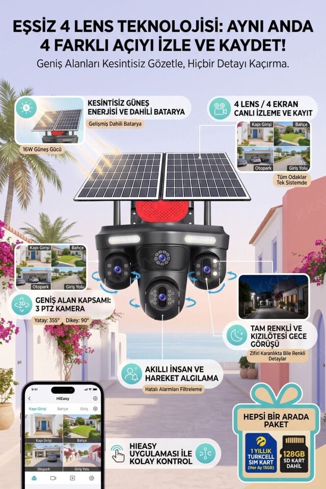 4 Kameralı 3 Otomatik PTZ Hareketli Kamera, 4G - e-Sim , 2 Solar Panel, Yüksek Sesli Alarm, x99 tc15