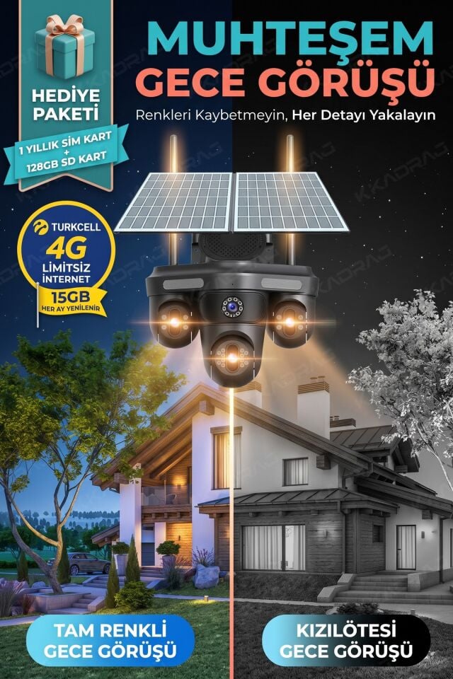 4 Kameralı 3 Otomatik PTZ Hareketli Kamera, 4G - e-Sim , 2 Solar Panel, Yüksek Sesli Alarm, x99 tc15