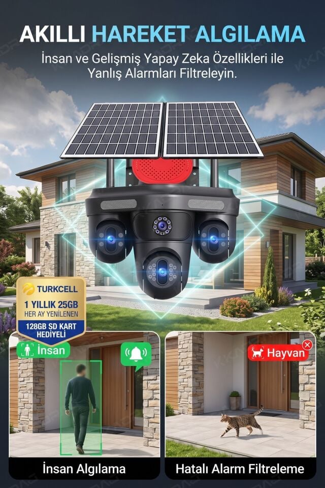 4 KAMERA - 3 PTZ OTOMATIK + 2 SOLAR PANEL - 4G + eSIM - 25GB TURKCELL - 128GB SD KART + AI + X99TC25