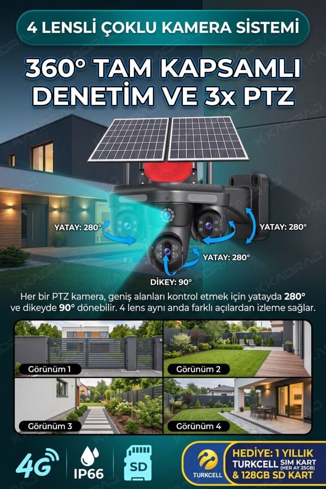 4 KAMERA - 3 PTZ OTOMATIK + 2 SOLAR PANEL - 4G + eSIM - 25GB TURKCELL - 128GB SD KART + AI + X99TC25