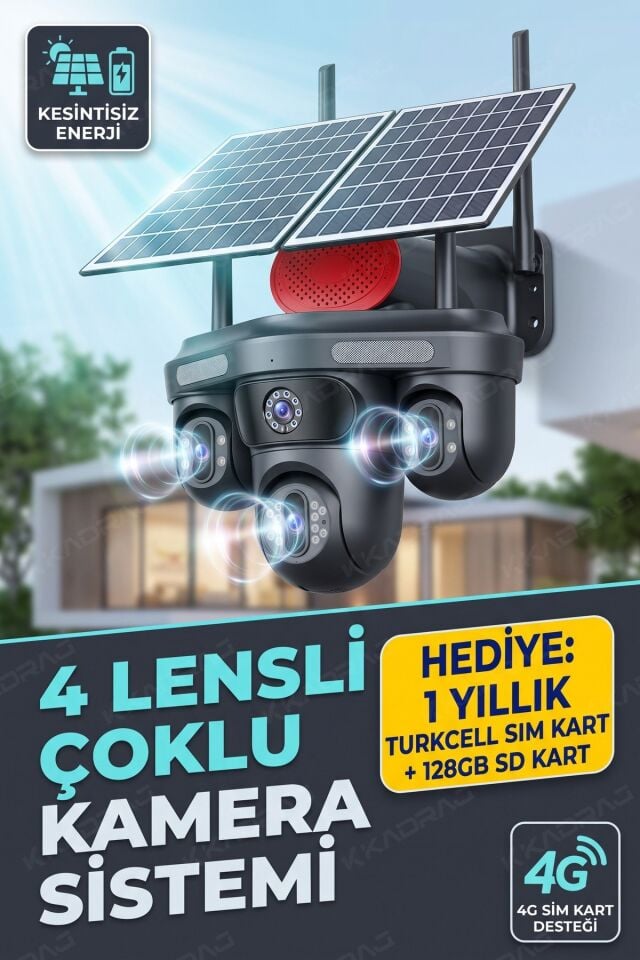 4 KAMERA - 3 PTZ OTOMATIK + 2 SOLAR PANEL - 4G + eSIM - 25GB TURKCELL - 128GB SD KART + AI + X99TC25