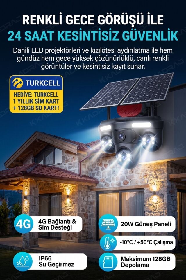 4 KAMERA - 3 PTZ OTOMATIK + 2 SOLAR PANEL - 4G + eSIM - 25GB TURKCELL - 128GB SD KART + AI + X99TC25
