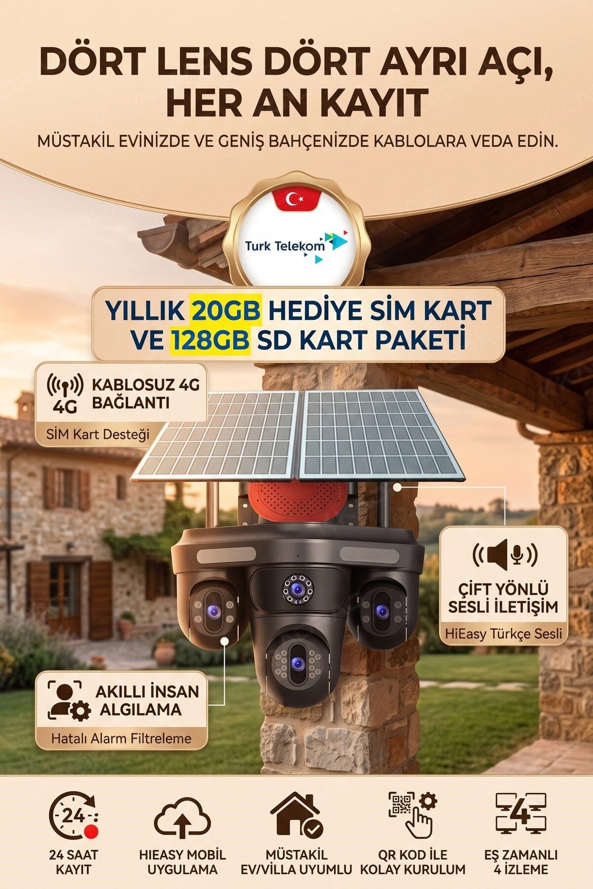 3  Otomatik PTZ Kamera + 1 Sabit Kamera Toplam 4 Kameralı 20GB Her Ay yenilenen Türk Telekom Hatlı