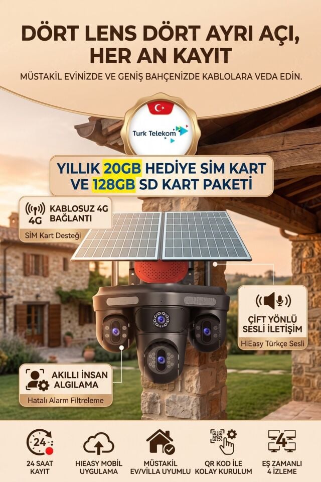 3  Otomatik PTZ Kamera + 1 Sabit Kamera Toplam 4 Kameralı 20GB Her Ay yenilenen Türk Telekom Hatlı