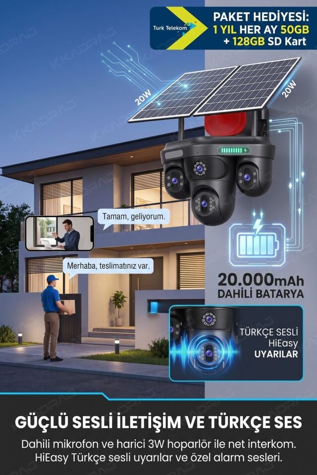 Güneş Enerjili  Güvenlik Kamerası 3 Kamera Otomatik 1 kamera sabit + 50GB Her ay Türk Telekom  1 Yıl