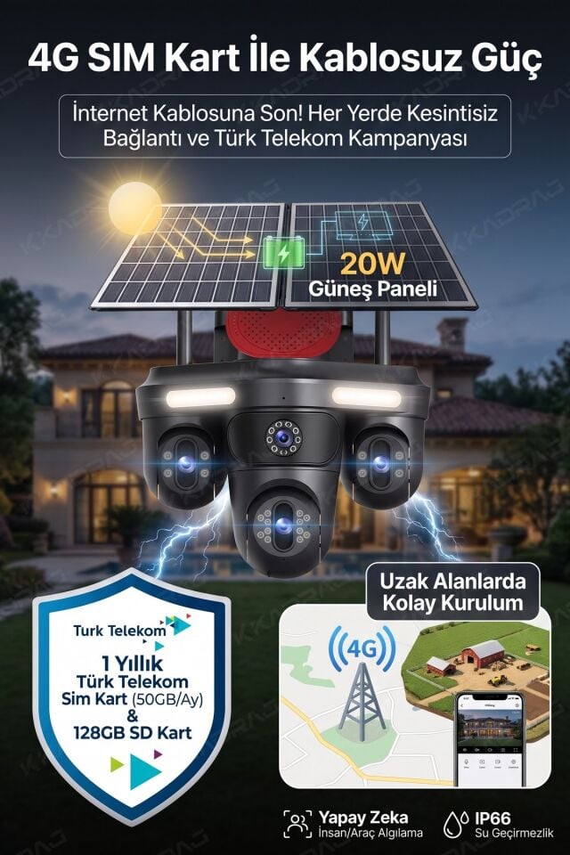 Güneş Enerjili  Güvenlik Kamerası 3 Kamera Otomatik 1 kamera sabit + 50GB Her ay Türk Telekom  1 Yıl