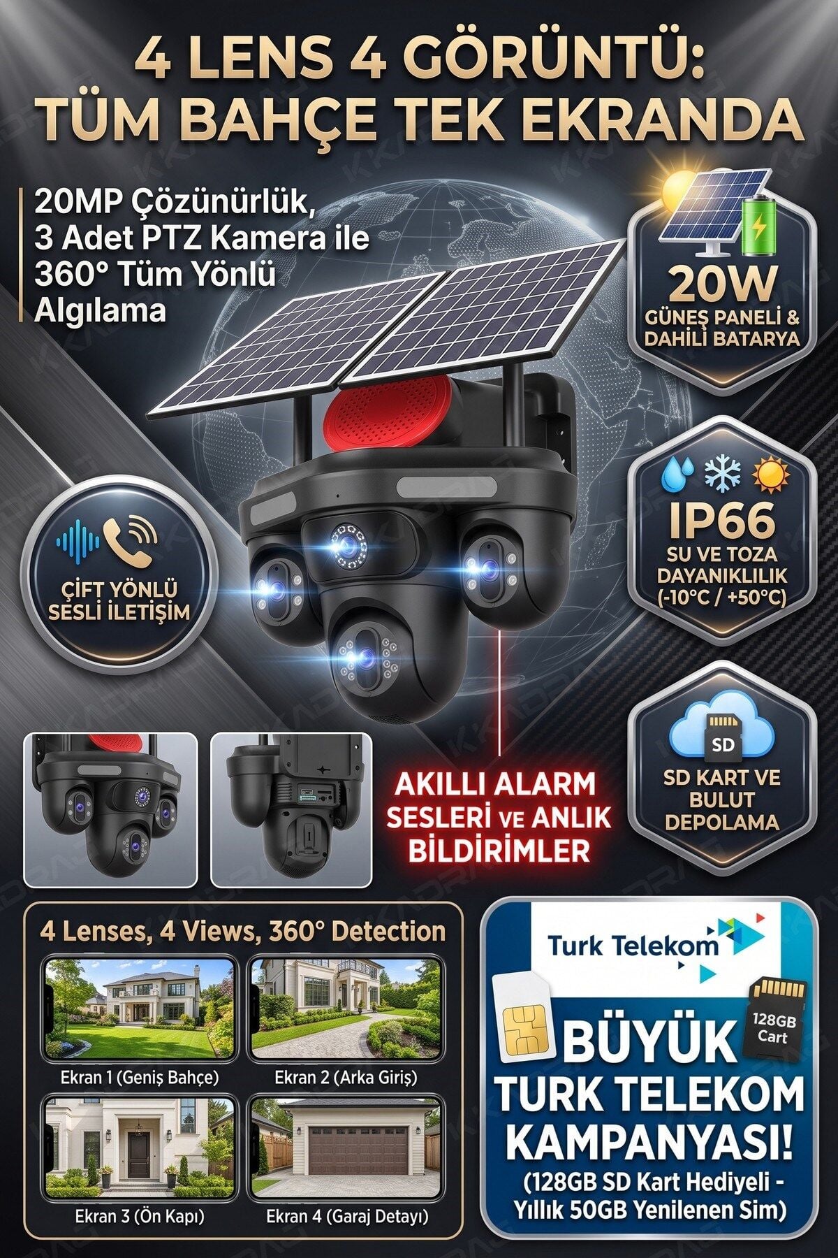 Güneş Enerjili  Güvenlik Kamerası 3 Kamera Otomatik 1 kamera sabit + 50GB Her ay Türk Telekom  1 Yıl