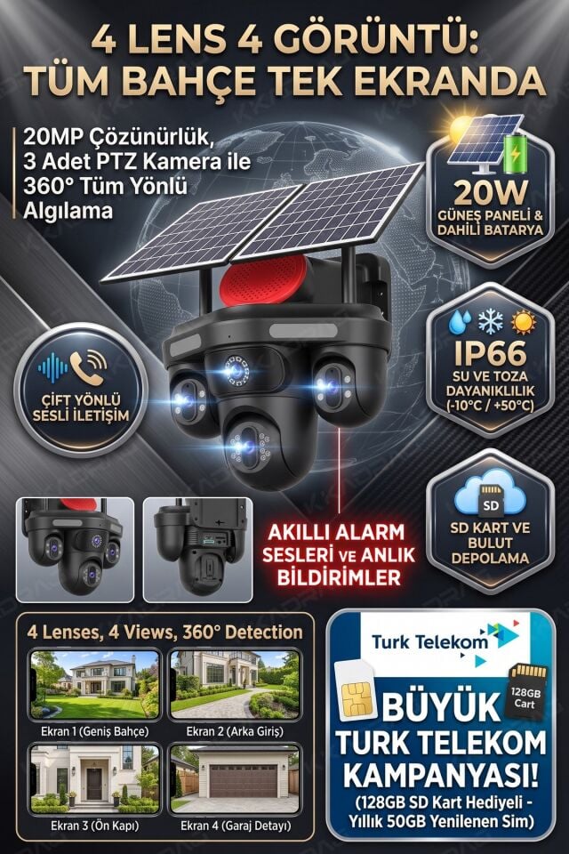 Güneş Enerjili  Güvenlik Kamerası 3 Kamera Otomatik 1 kamera sabit + 50GB Her ay Türk Telekom  1 Yıl