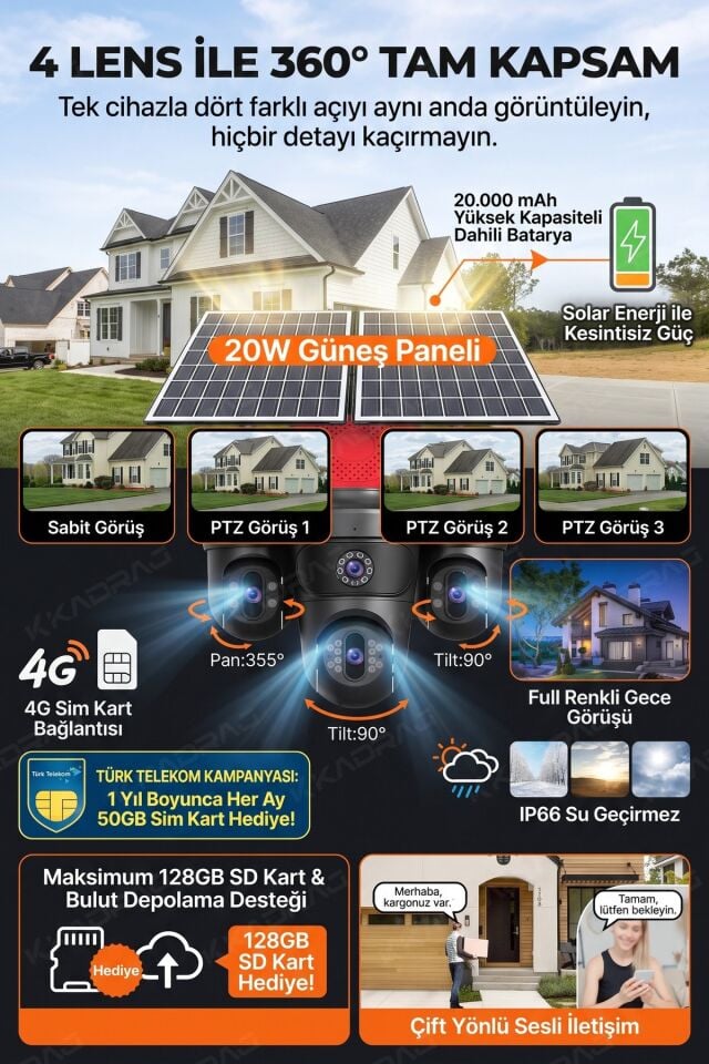 Güneş Enerjili  Güvenlik Kamerası 3 Kamera Otomatik 1 kamera sabit + 50GB Her ay Türk Telekom  1 Yıl