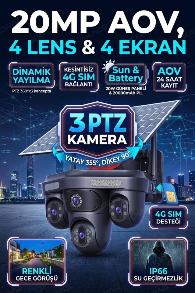 100GB TURK TELEKOM HER AY + 4 Kameralı (3 Hareketli + 1 Sabit) + Alarm + Çakar + AI + 128GB SD Kart