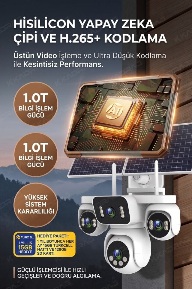 4 Kameralı Solar Panelli Güneş Enerjili Uzaktan Kontrol ,7/24 Aralıksız kayıt, 2 Solar Panel,AI