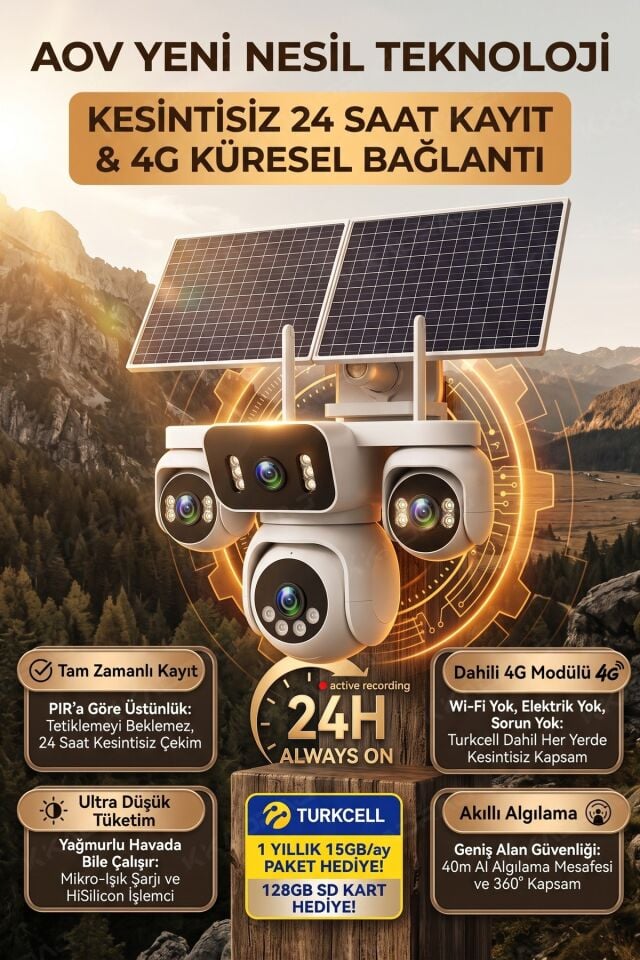 4 Kameralı Solar Panelli Güneş Enerjili Uzaktan Kontrol ,7/24 Aralıksız kayıt, 2 Solar Panel,AI