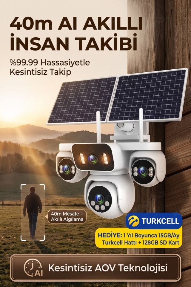 4 Kameralı Solar Panelli Güneş Enerjili Uzaktan Kontrol ,7/24 Aralıksız kayıt, 2 Solar Panel,AI