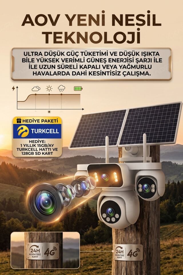 4 Kameralı Solar Panelli Güneş Enerjili Uzaktan Kontrol ,7/24 Aralıksız kayıt, 2 Solar Panel,AI