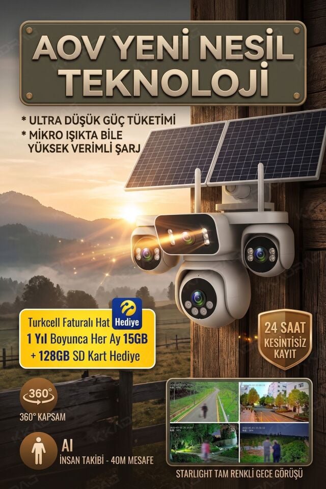 4 Kameralı Solar Panelli Güneş Enerjili Uzaktan Kontrol ,7/24 Aralıksız kayıt, 2 Solar Panel,AI